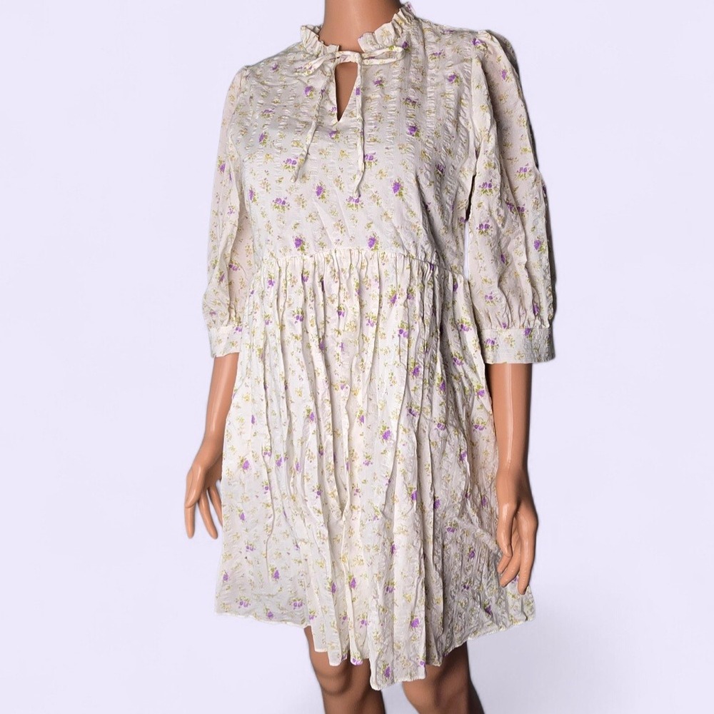 Hyacinth House Floral Ruffle Tie Neck Puff Sleeve Mini Dress XS Cottagecore
